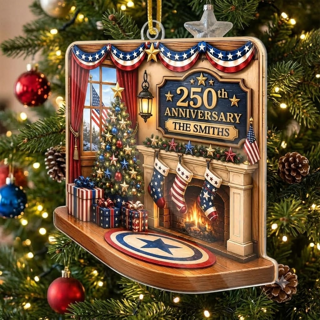 Close-up of America 250th Anniversary Acrylic Ornament, Personalized Family Name Patriotic Christmas Holiday Dec for streetwear fans in Austin, Texas
