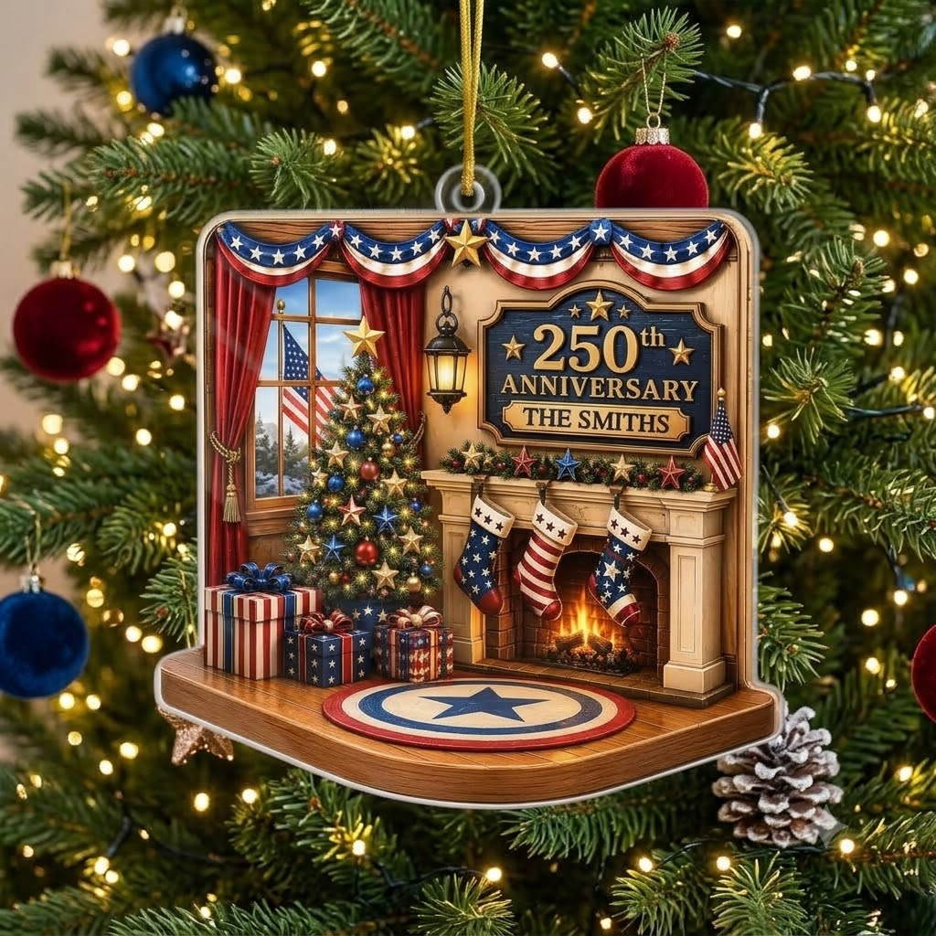 Customer in Austin, Texas wearing America 250th Anniversary Acrylic Ornament, Personalized Family Name Patriotic Christmas Holiday Dec