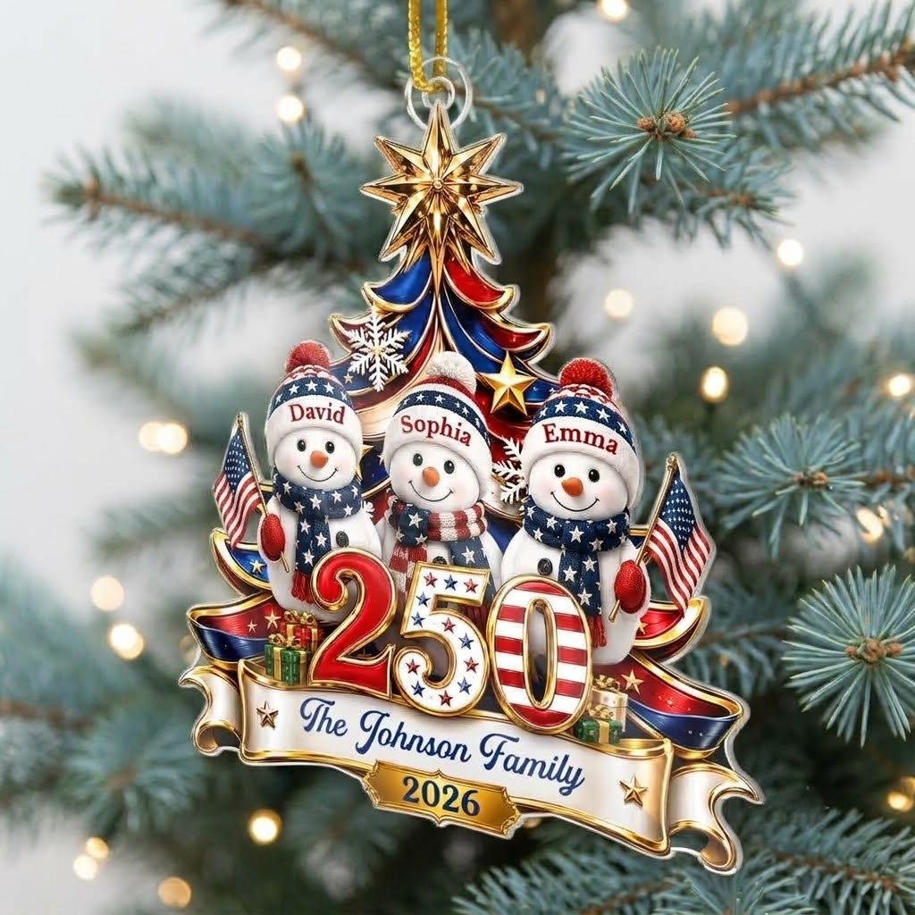 America 250th Anniversary Ornament Patriotic Christmas Tree Snowmen Personalized Gift on a hanger, ready to ship from Austin, Texas
