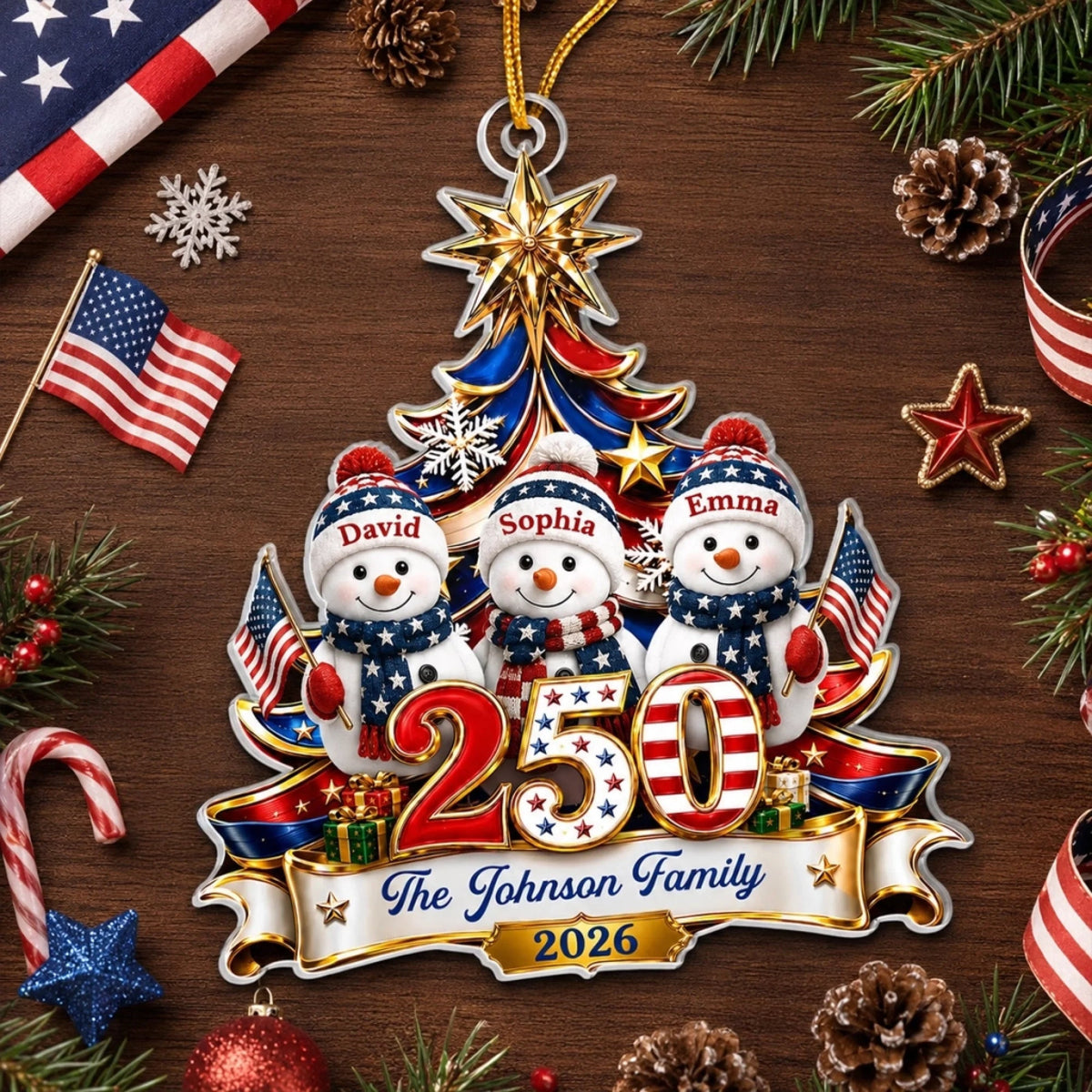 Customer in Austin, Texas wearing America 250th Anniversary Ornament Patriotic Christmas Tree Snowmen Personalized Gift