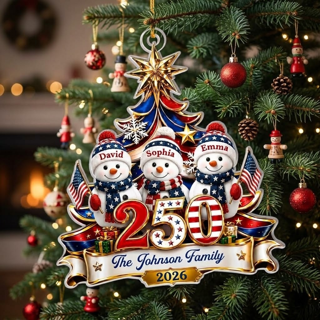 Close-up of America 250th Anniversary Ornament Patriotic Christmas Tree Snowmen Personalized Gift for streetwear fans in Austin, Texas
