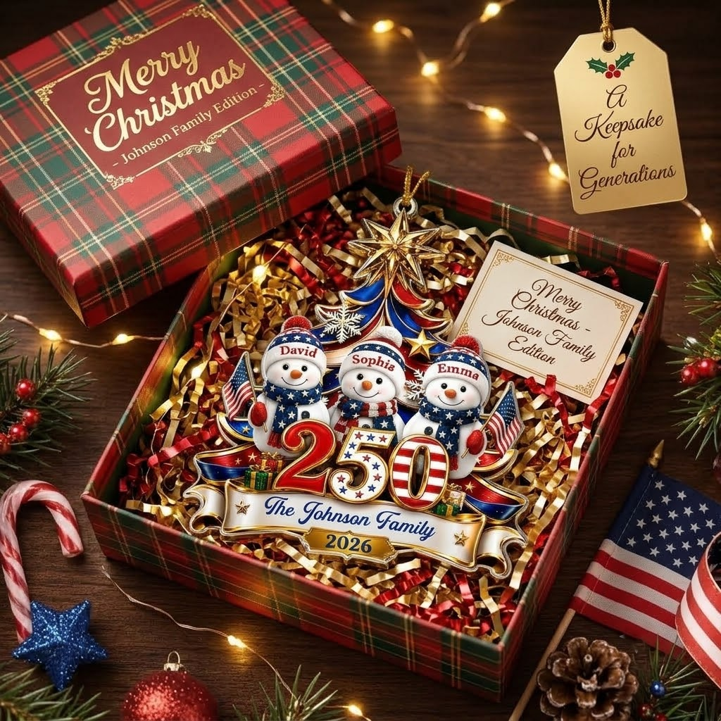 Customer in Austin, Texas wearing America 250th Anniversary Ornament Patriotic Christmas Tree Snowmen Personalized Gift