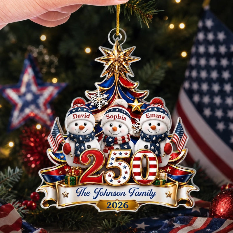 America 250th Anniversary Ornament Patriotic Christmas Tree Snowmen Personalized Gift available at our Austin, Texas warehouse