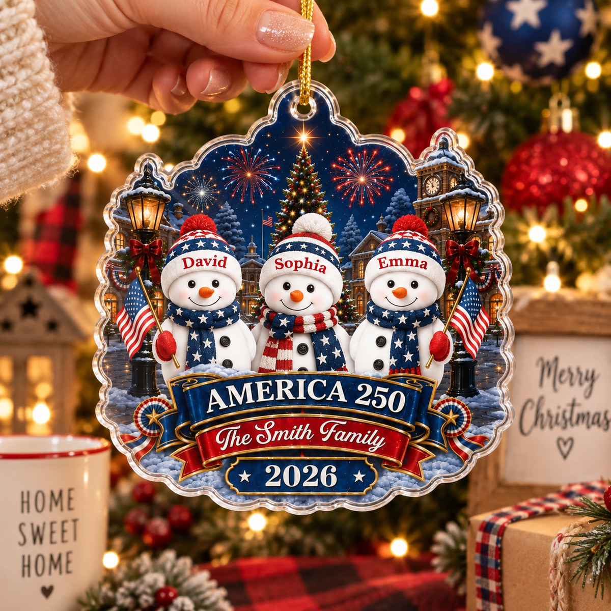 America 250th Anniversary Patriotic Snowman Christmas Ornament Personalized USA Semiquincentennial G on a hanger, ready to ship from Austin, Texas