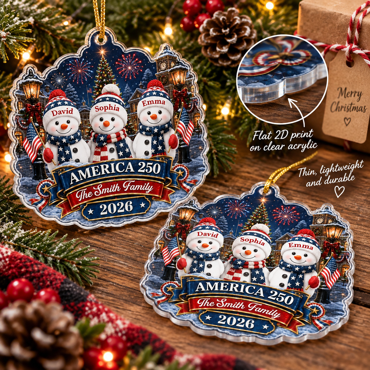 Customer in Austin, Texas wearing America 250th Anniversary Patriotic Snowman Christmas Ornament Personalized USA Semiquincentennial G