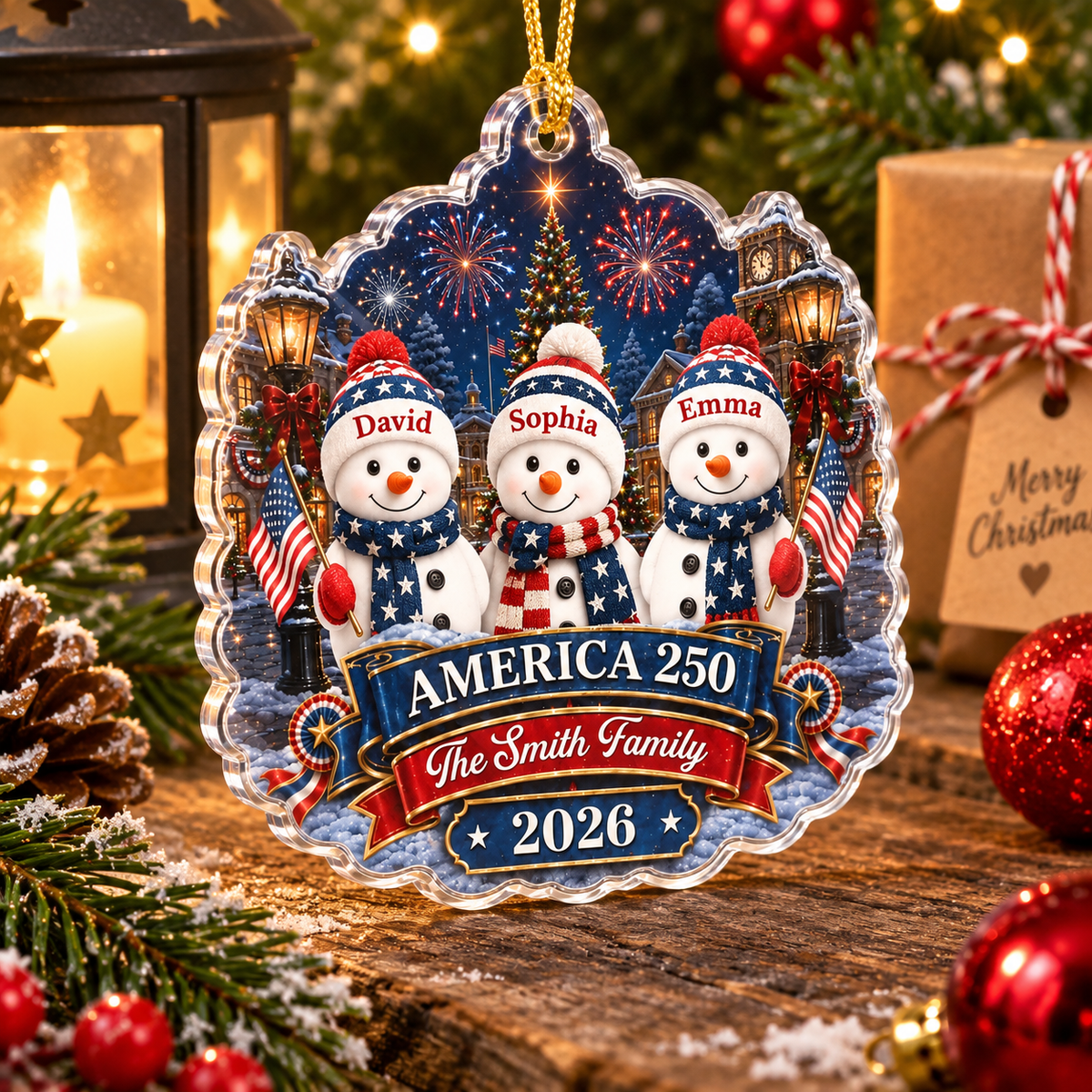 Close-up of America 250th Anniversary Patriotic Snowman Christmas Ornament Personalized USA Semiquincentennial G for streetwear fans in Austin, Texas