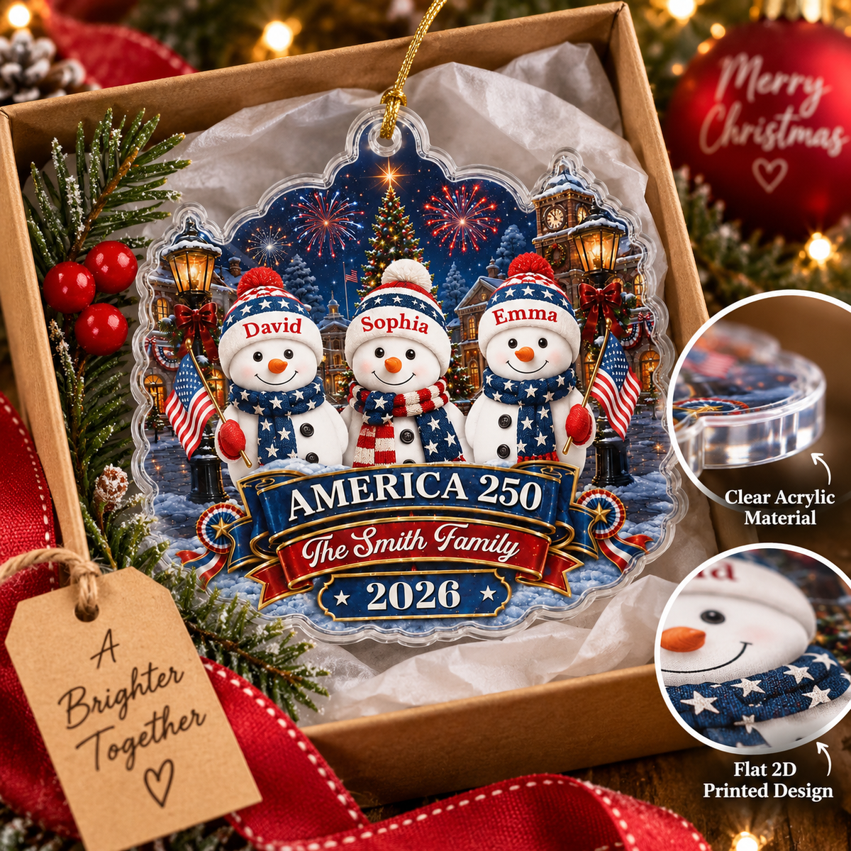 Customer in Austin, Texas wearing America 250th Anniversary Patriotic Snowman Christmas Ornament Personalized USA Semiquincentennial G