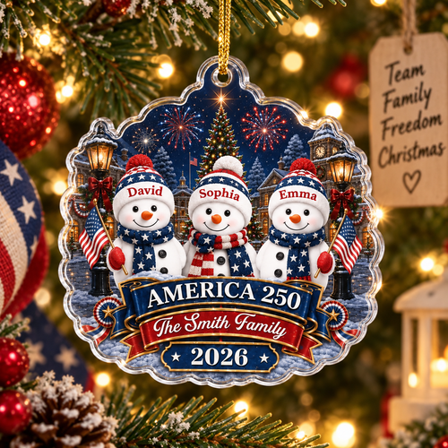 America 250th Anniversary Patriotic Snowman Christmas Ornament Personalized USA Semiquincentennial G available at our Austin, Texas warehouse
