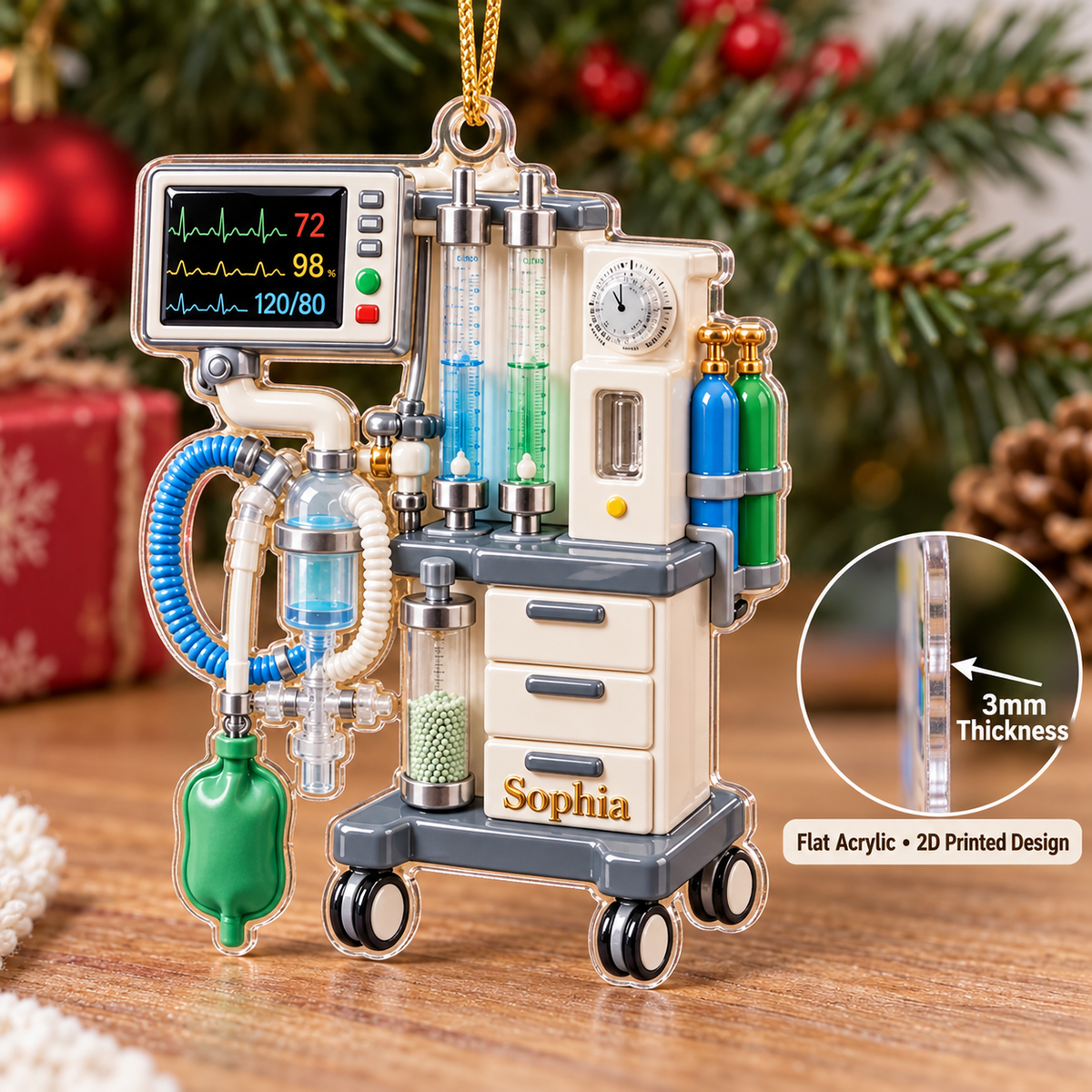 Anesthesia Machine Ornament Personalized Acrylic showing edge thickness view inset