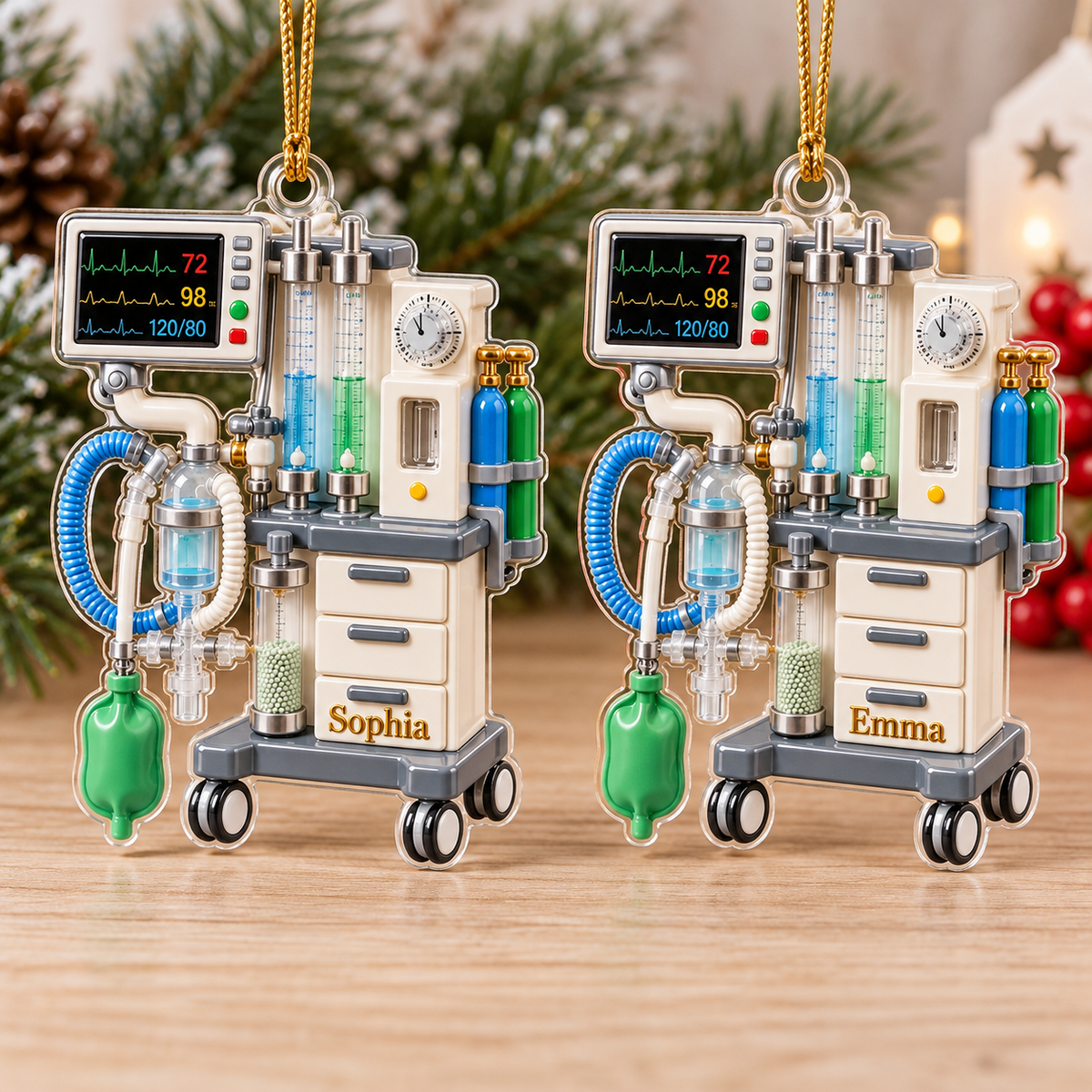Anesthesia Machine Ornament Personalized Acrylic shown in two personalized options