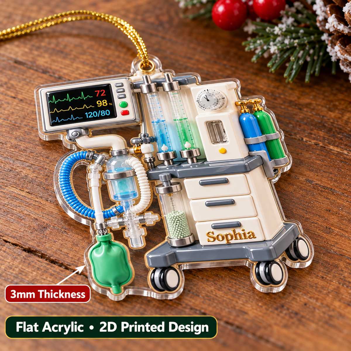 Anesthesia Machine Ornament Personalized Acrylic angled view on a wooden table