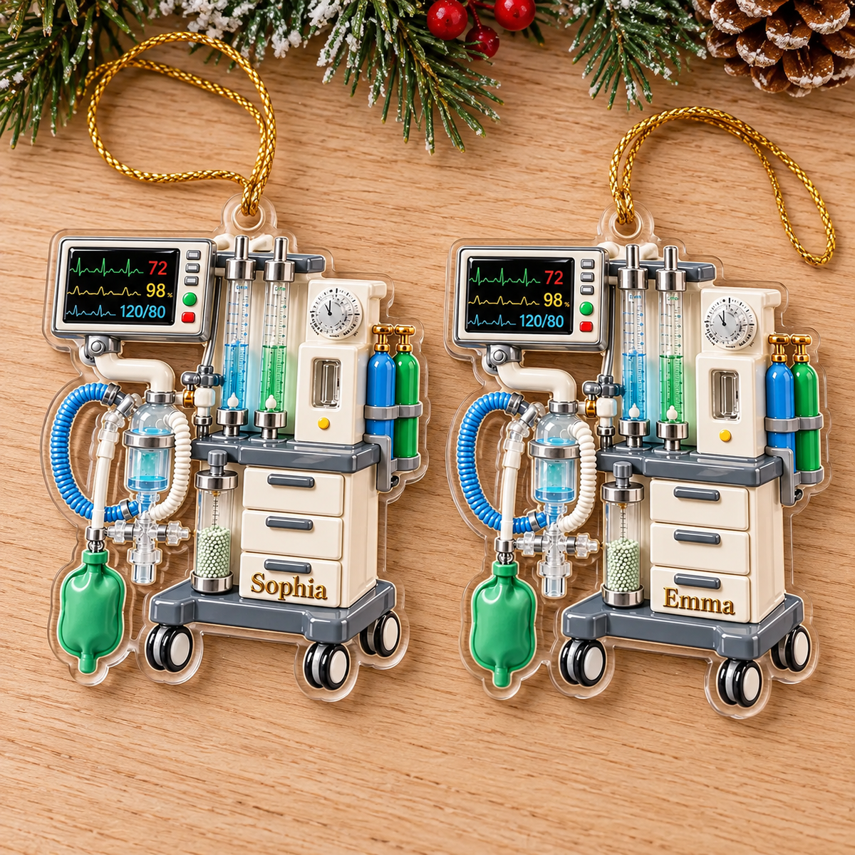 Anesthesia Machine Ornament Personalized Acrylic displayed side-by-side with names