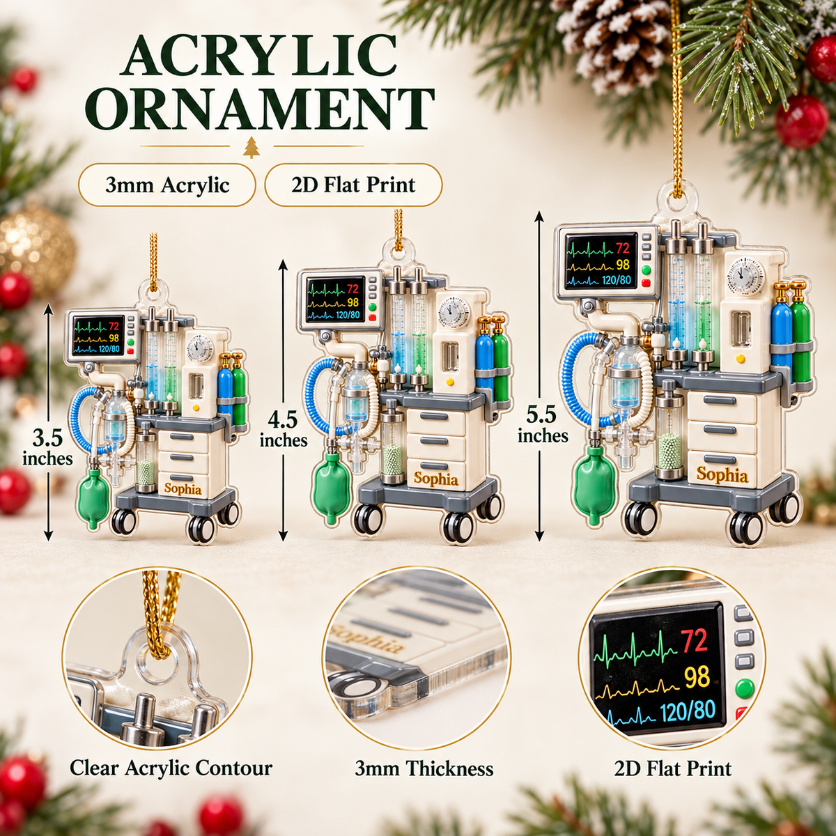 Three personalized anesthesia machine ornaments in 3.5, 4.5, and 5.5 inch sizes with detail callout circles below.