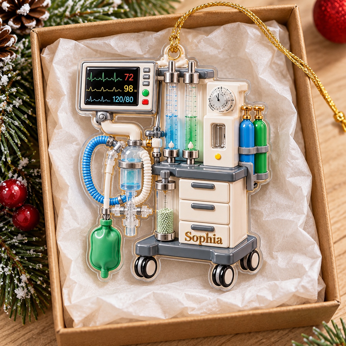 Anesthesia Machine Ornament Personalized Acrylic in a gift box with pine branches