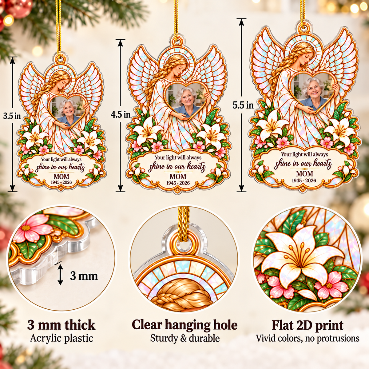 Personalized Angel Memorial Photo Ornament Custom Name Remembrance Gift - dimensions and material guide