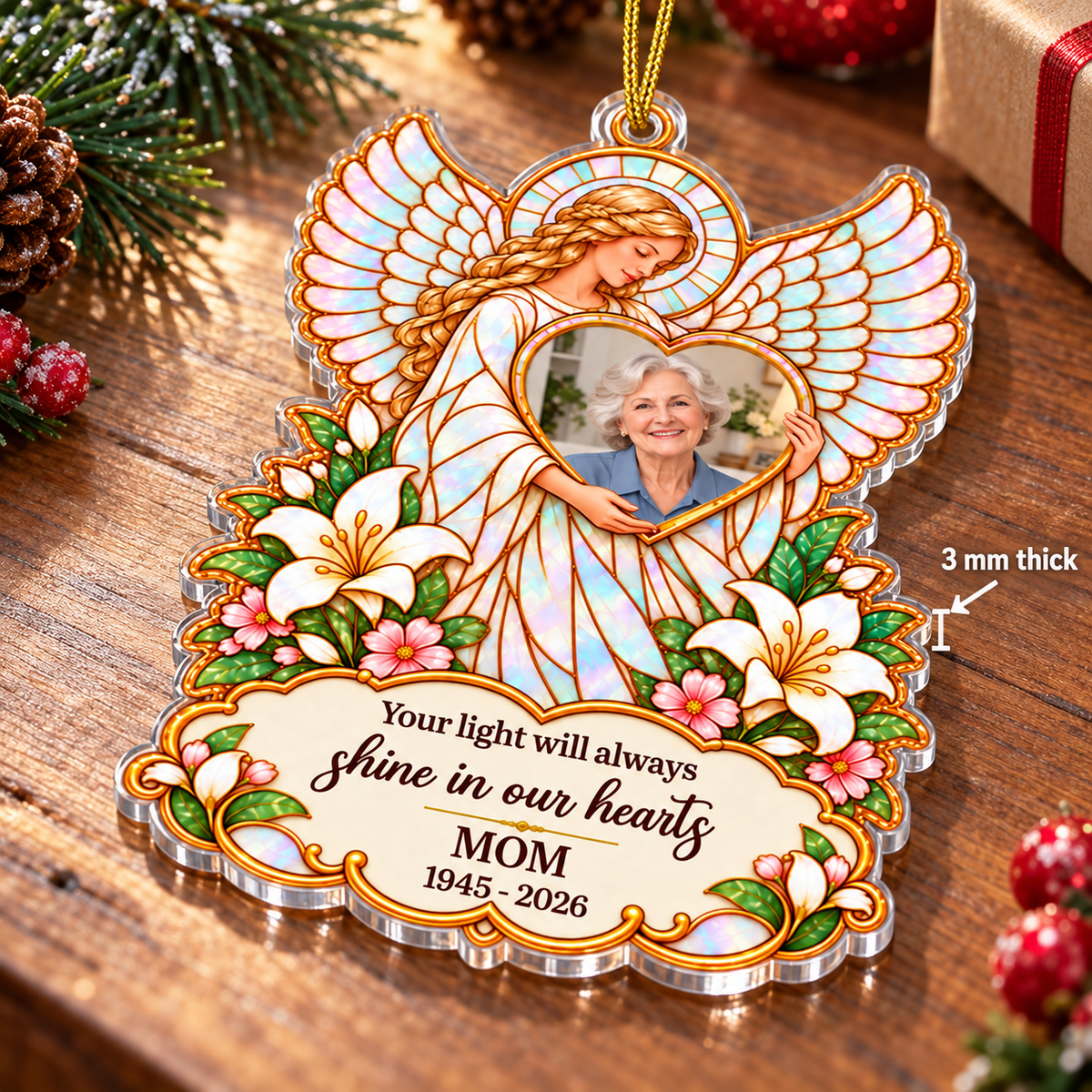 Personalized Angel Memorial Photo Ornament Custom Name Remembrance Gift - material and flat printed surface detail