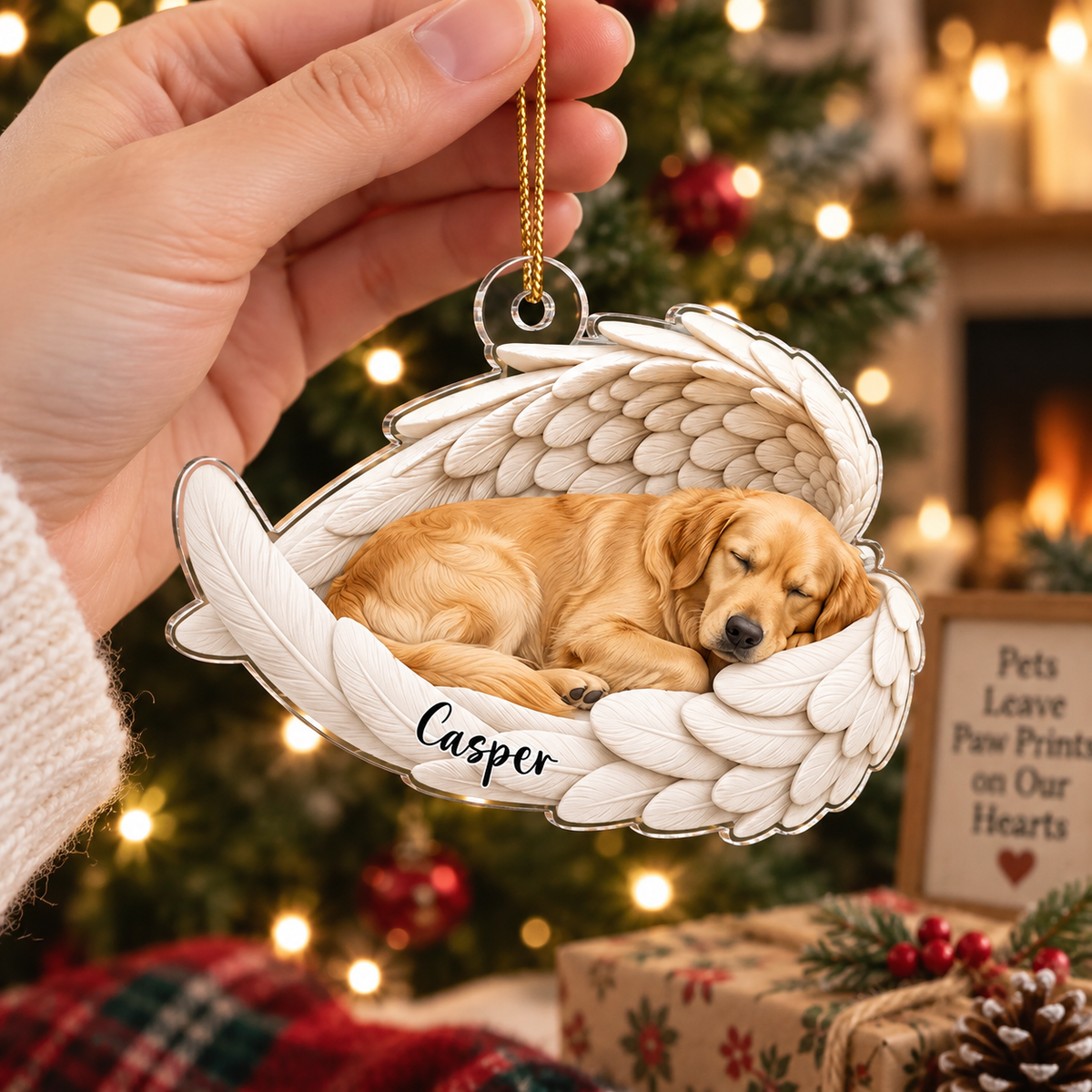 Angel Wings Sleeping Dog Ornament Personalized Pet Memorial Gift Rainbow Bridge Christmas Keepsake on a hanger, ready to ship from Austin, Texas