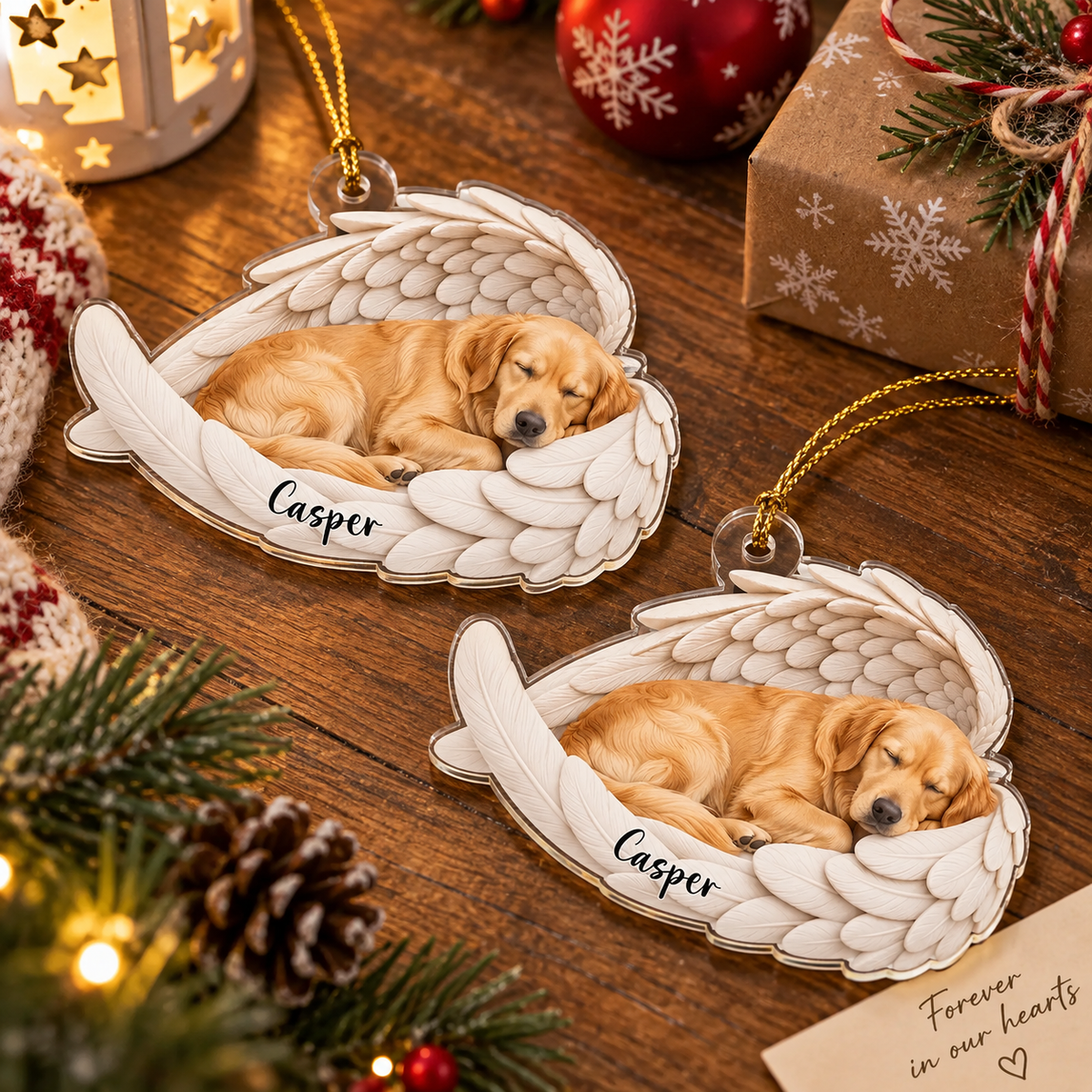 Customer in Austin, Texas wearing Angel Wings Sleeping Dog Ornament Personalized Pet Memorial Gift Rainbow Bridge Christmas Keepsake