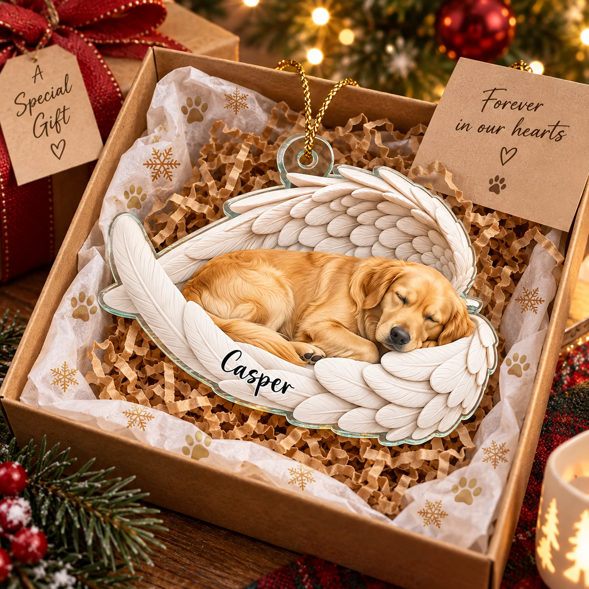 Close-up of Angel Wings Sleeping Dog Ornament Personalized Pet Memorial Gift Rainbow Bridge Christmas Keepsake for streetwear fans in Austin, Texas