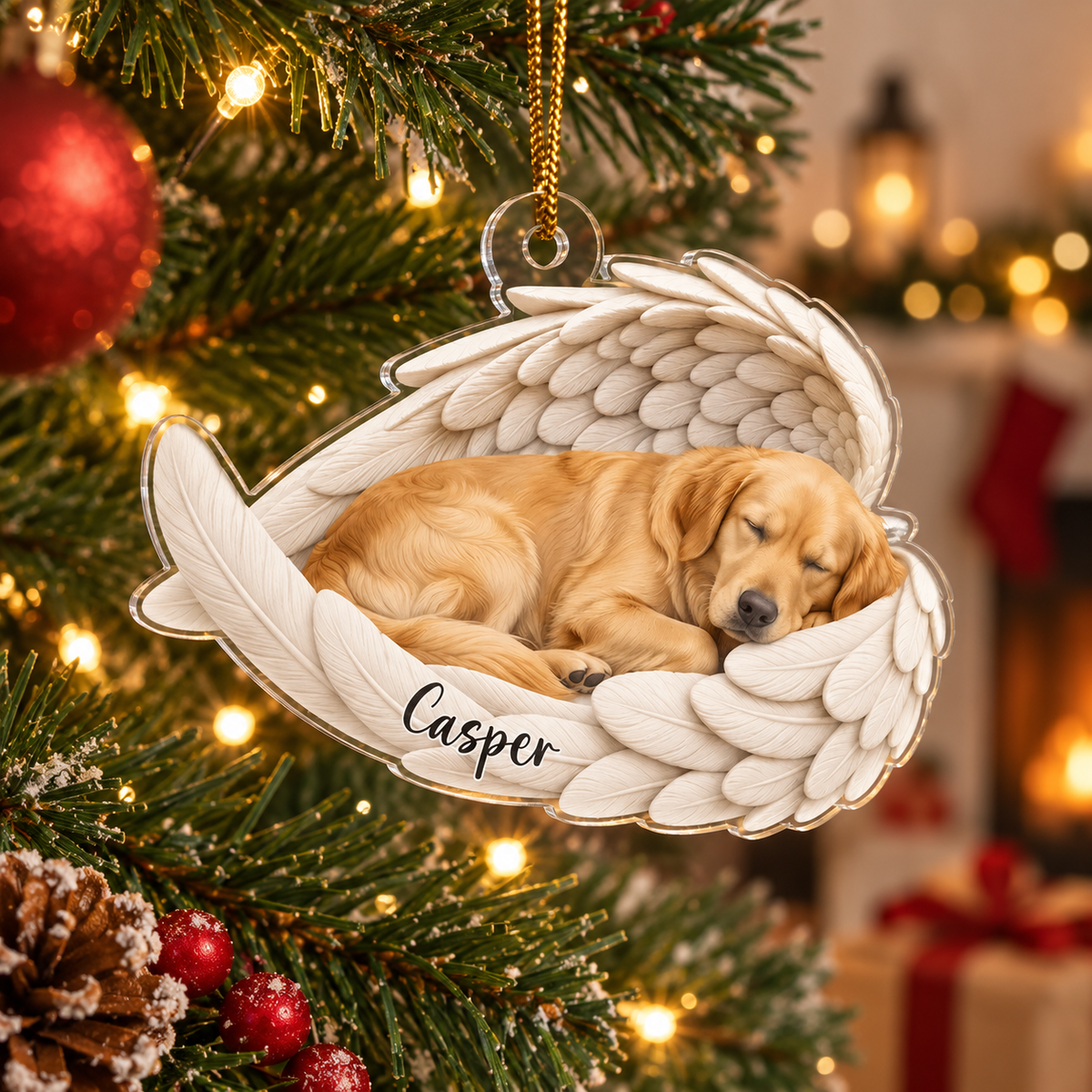 Angel Wings Sleeping Dog Ornament Personalized Pet Memorial Gift Rainbow Bridge Christmas Keepsake available at our Austin, Texas warehouse
