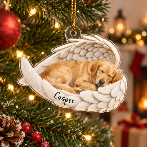 Angel Wings Sleeping Dog Ornament Personalized Pet Memorial Gift Rainbow Bridge Christmas Keepsake available at our Austin, Texas warehouse