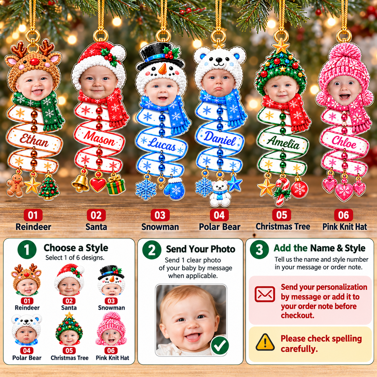 Personalized Baby Photo Christmas Ornament Custom Name Holiday Keepsake - personalization options and ordering guide