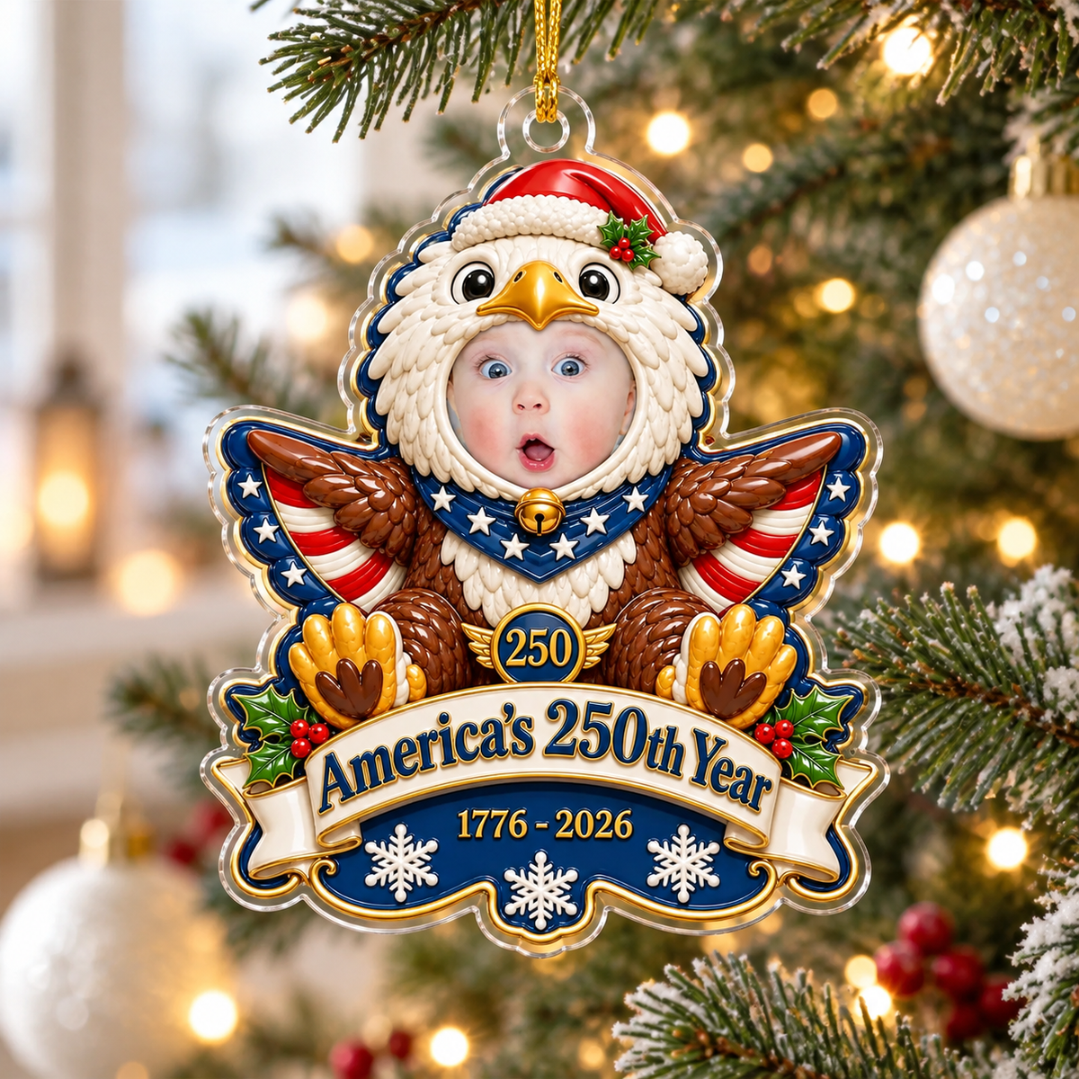 Personalized Baby Photo Eagle Ornament hanging on a lit Christmas tree branch.