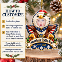 Instruction card showing how to customize the America 250th Christmas ornament.