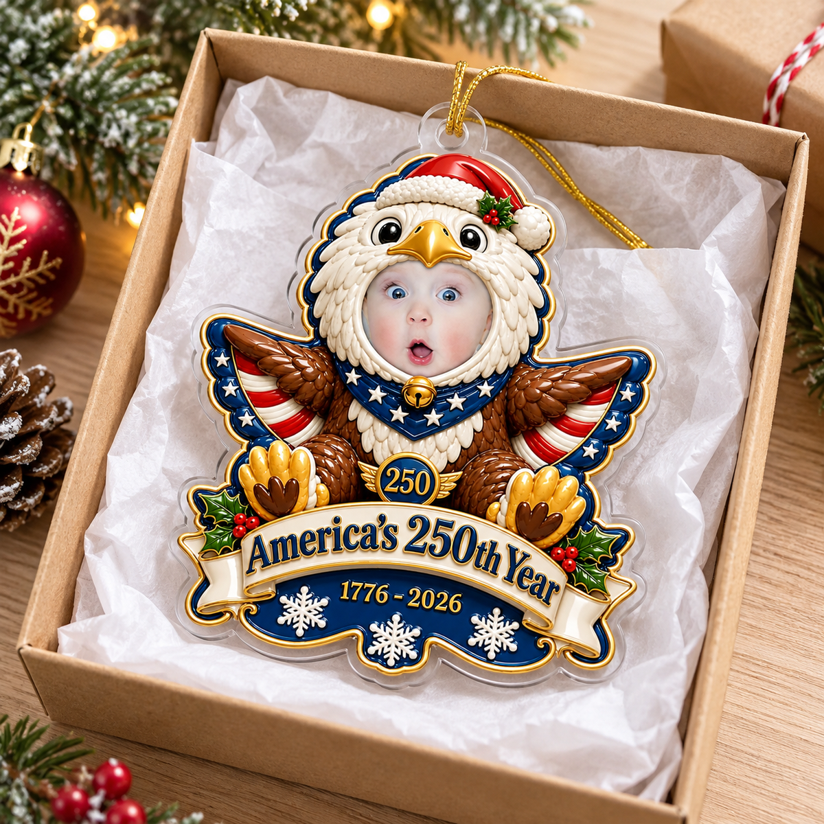 Custom baby photo eagle ornament nestled in an open gift box with tissue paper.