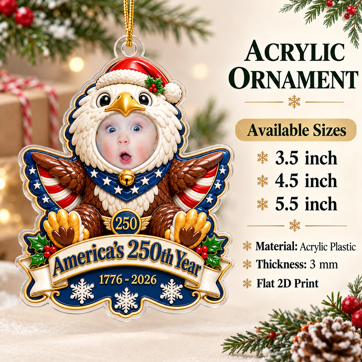 Graphic showing available sizing options for the personalized acrylic ornament.