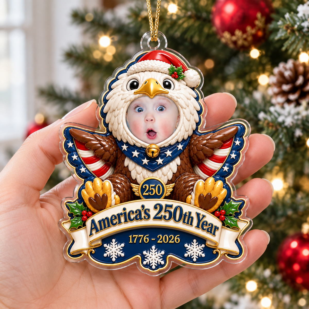 Hand holding the personalized baby photo eagle Christmas keepsake ornament.