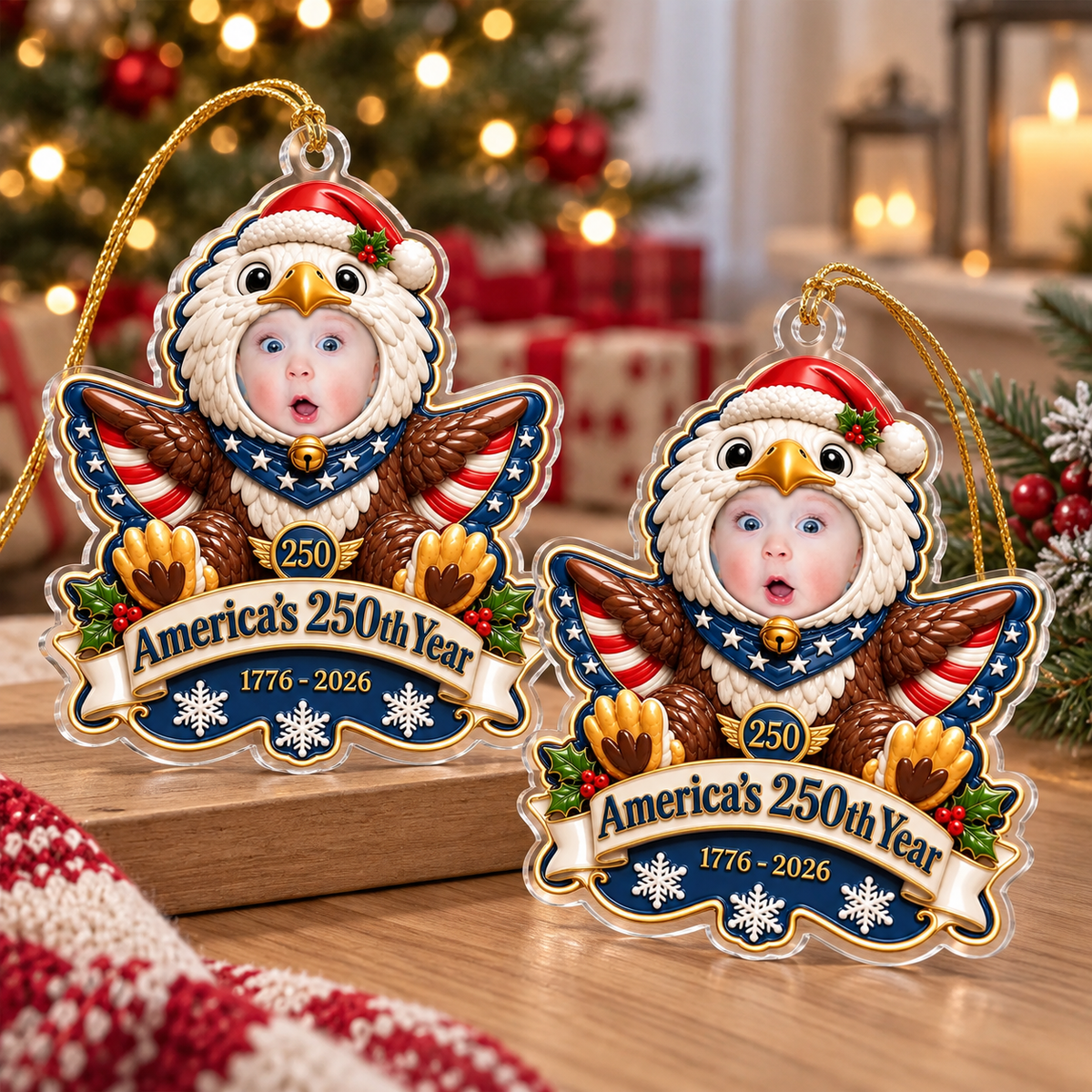 Two personalized eagle ornaments displayed together on a wooden tabletop setting.