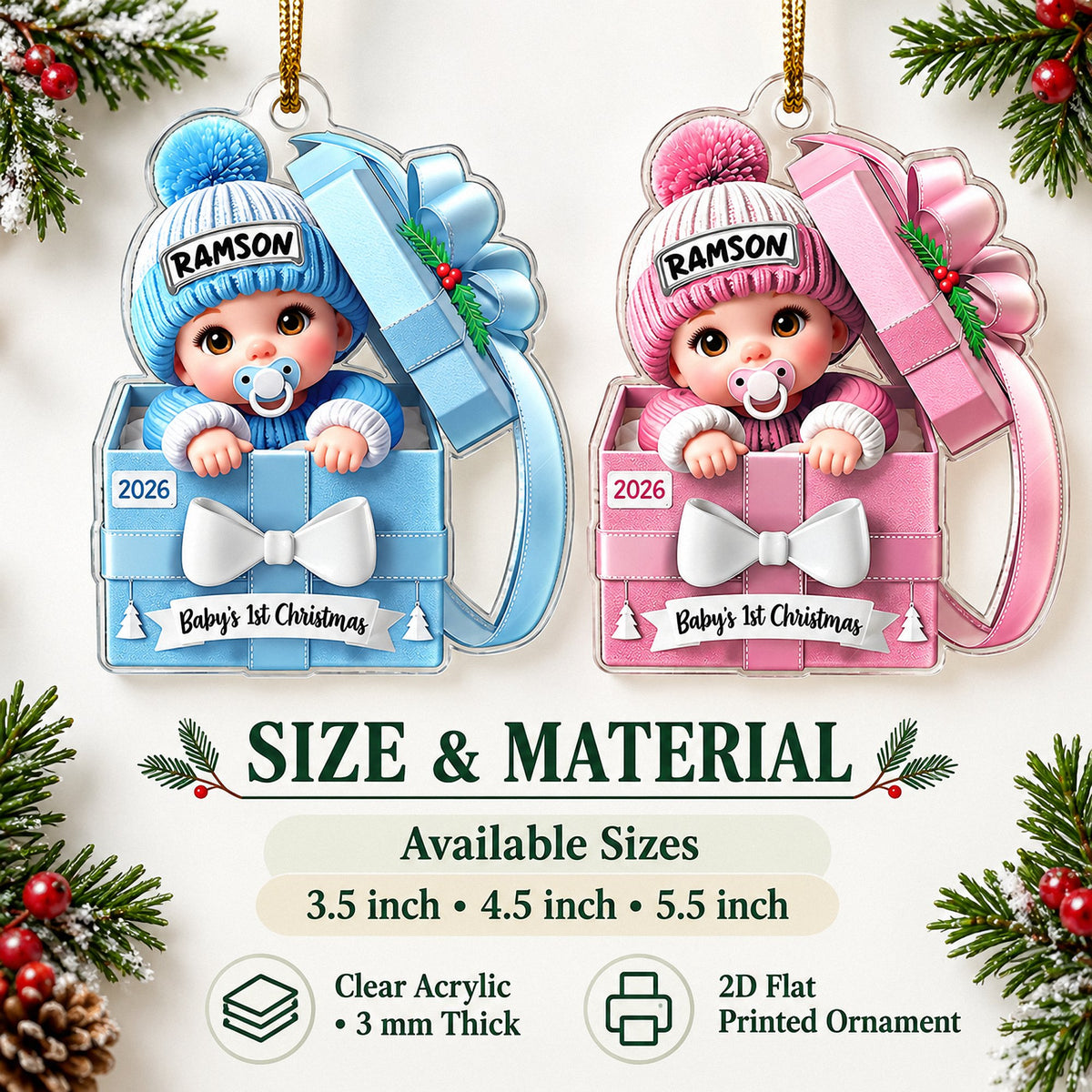Size and material guide showing blue and pink number one acrylic baby Christmas ornaments with available dimensions.