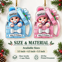 Size and material guide showing blue and pink number one acrylic baby Christmas ornaments with available dimensions.