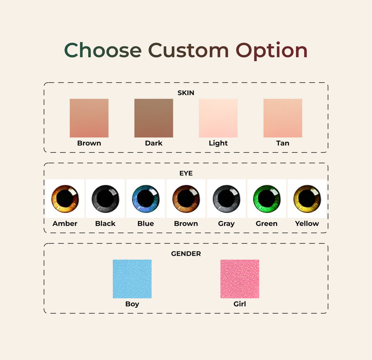 Personalization chart showing options for skin tone, eye color, and gender for custom baby ornaments.