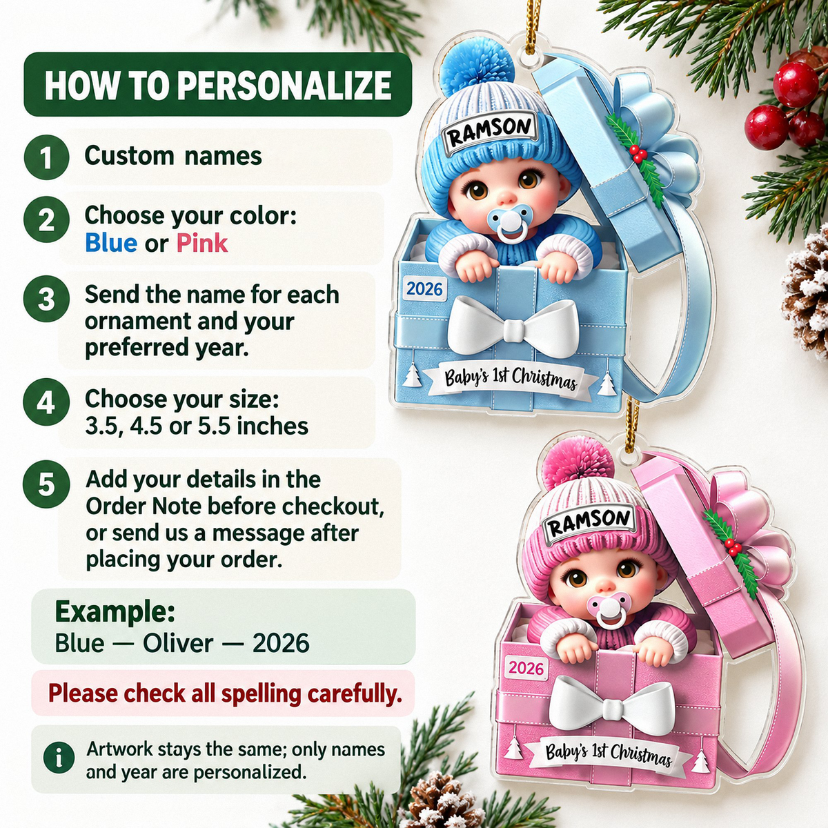 How to personalize guide next to blue and pink baby's 1st Christmas acrylic number one ornaments.