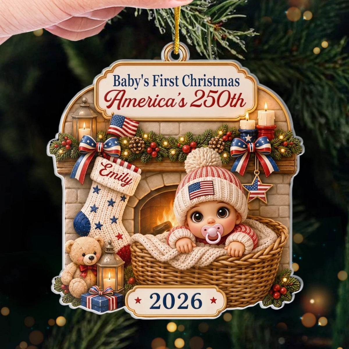 Baby's First Christmas America's 250th Ornament, Personalized Baby Keepsake Custom Name, Gift for Ne on a hanger, ready to ship from Austin, Texas