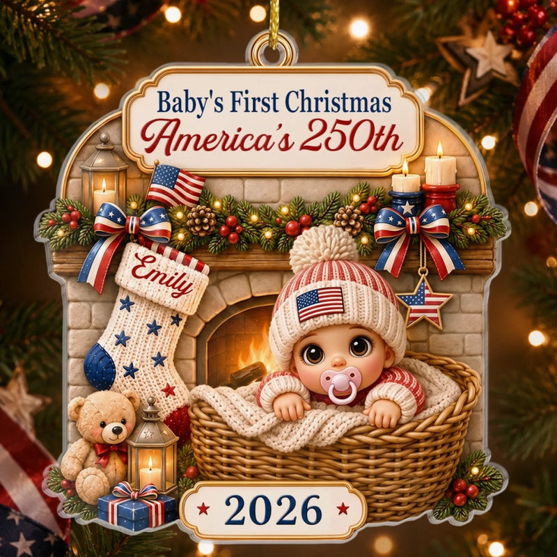 Close-up of Baby's First Christmas America's 250th Ornament, Personalized Baby Keepsake Custom Name, Gift for Ne for streetwear fans in Austin, Texas