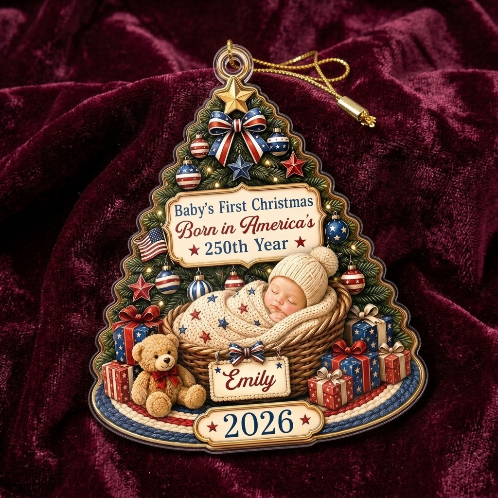 Baby's First Christmas Born in America's 250th Year Ornament, Personalized 2026 Patriotic Newborn Ke on a hanger, ready to ship from Austin, Texas