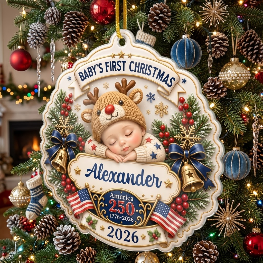 Baby's First Christmas Ornament 2026 America 250 1776-2026, Personalized Newborn Keepsake Holiday Gi on a hanger, ready to ship from Austin, Texas