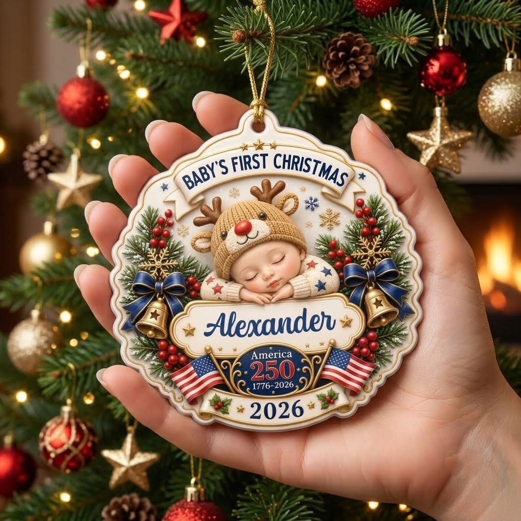Customer in Austin, Texas wearing Baby's First Christmas Ornament 2026 America 250 1776-2026, Personalized Newborn Keepsake Holiday Gi