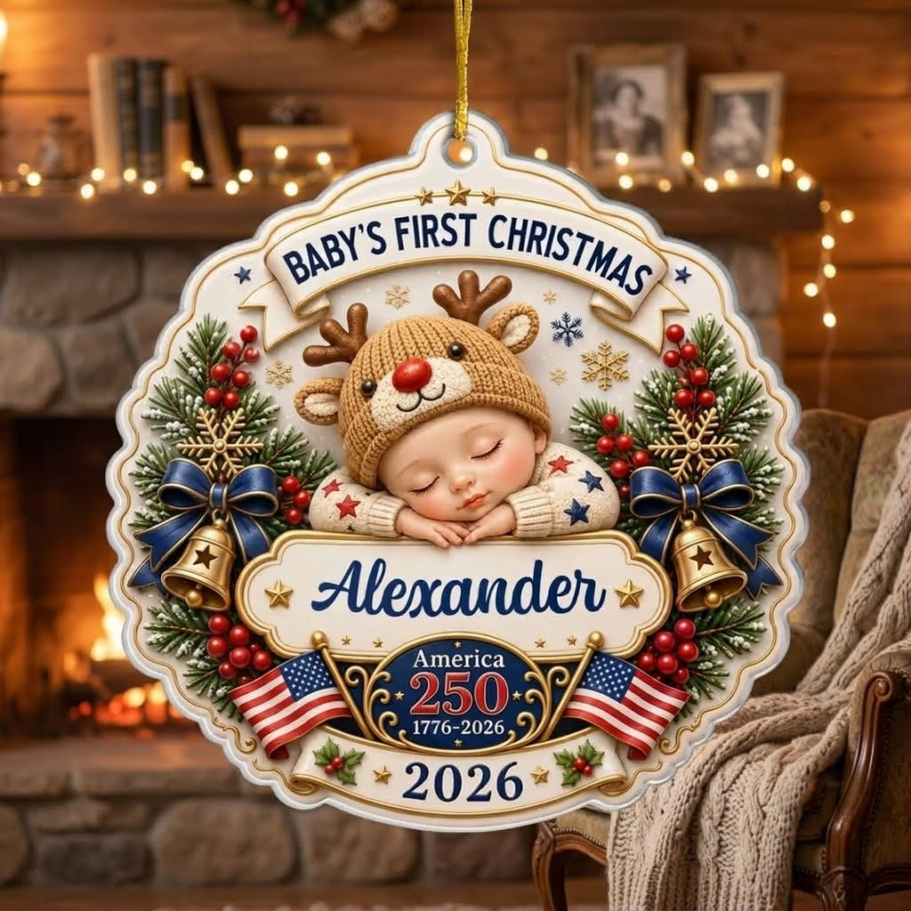 Close-up of Baby's First Christmas Ornament 2026 America 250 1776-2026, Personalized Newborn Keepsake Holiday Gi for streetwear fans in Austin, Texas