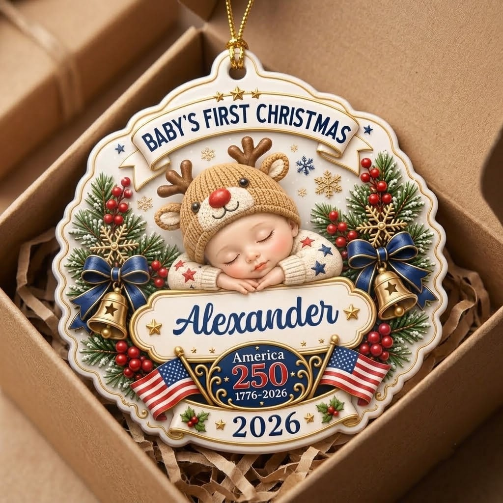 Customer in Austin, Texas wearing Baby's First Christmas Ornament 2026 America 250 1776-2026, Personalized Newborn Keepsake Holiday Gi