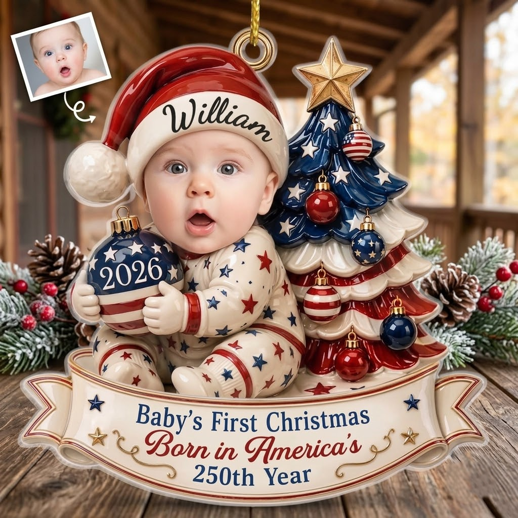 Baby's First Christmas Ornament 2026 Born in America's 250th Year Patriotic Holiday Keepsake Gift on a hanger, ready to ship from Austin, Texas