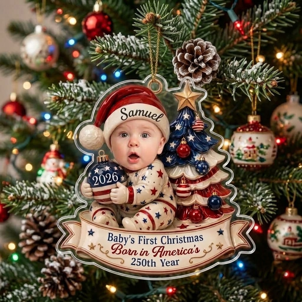 Customer in Austin, Texas wearing Baby's First Christmas Ornament 2026 Born in America's 250th Year Patriotic Holiday Keepsake Gift