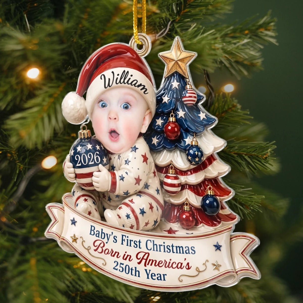 Close-up of Baby's First Christmas Ornament 2026 Born in America's 250th Year Patriotic Holiday Keepsake Gift for streetwear fans in Austin, Texas