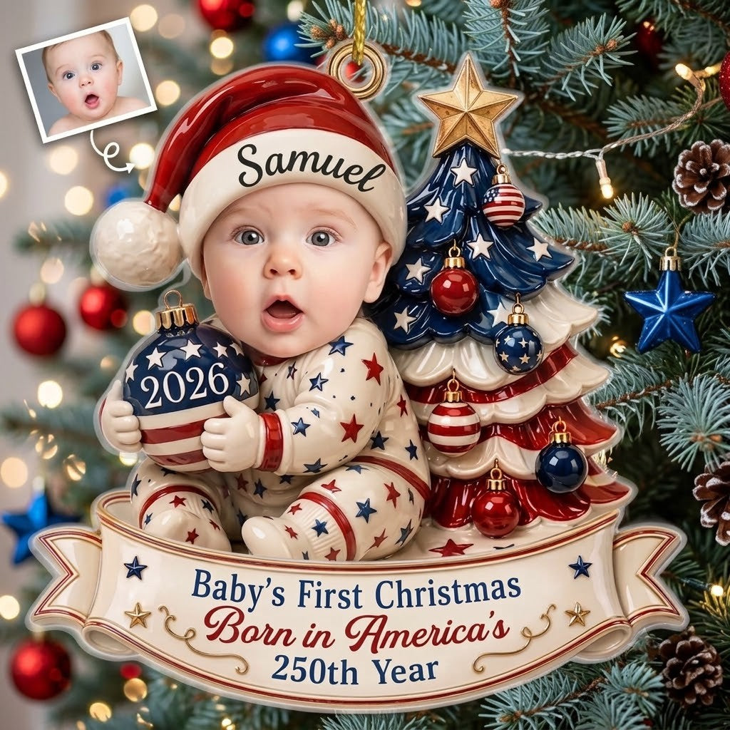 Baby's First Christmas Ornament 2026 Born in America's 250th Year Patriotic Holiday Keepsake Gift available at our Austin, Texas warehouse