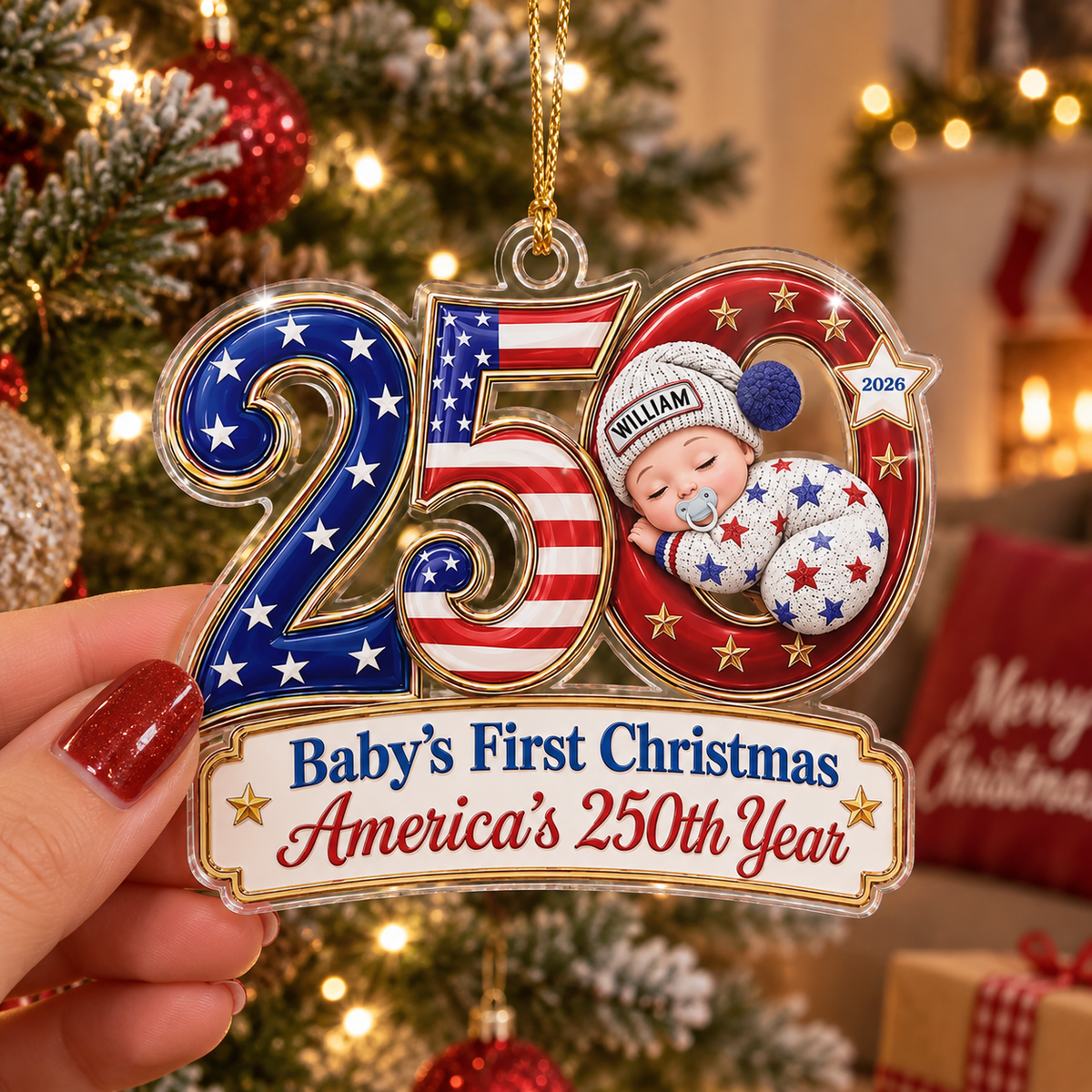 Baby's First Christmas Ornament America's 250th Year Personalized Keepsake Gift for New Parents on a hanger, ready to ship from Austin, Texas