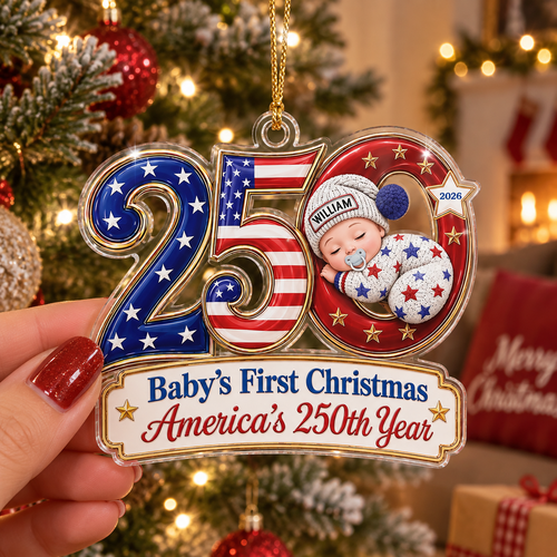 Baby's First Christmas Ornament America's 250th Year Personalized Keepsake Gift for New Parents on a hanger, ready to ship from Austin, Texas