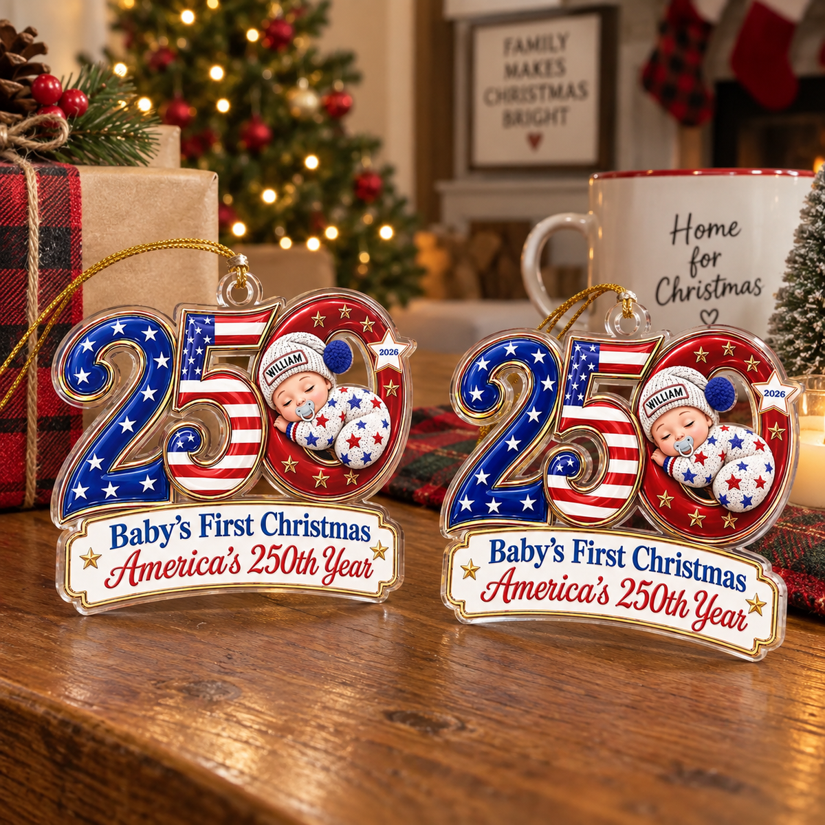 Customer in Austin, Texas wearing Baby's First Christmas Ornament America's 250th Year Personalized Keepsake Gift for New Parents